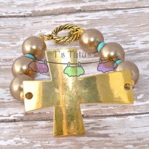 Gold Cross Glass Pearl & Turquoise Rondel Bracelet Toggle Clasp Bracelet
